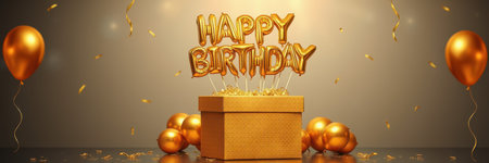 Decorative birthday celebration setup featuring golden balloons and a gift box with a happy birthday signの素材