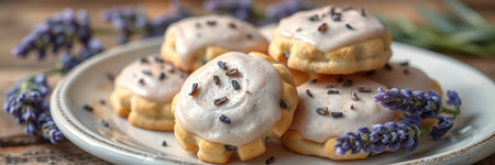 Lavender cookies arranged on a rustic plate with fresh lavender sprigs in a cozy kitchen settingの素材