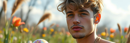 Young man posing in a vibrant flower field during golden hour with colorful blooms and soft sunlightの素材