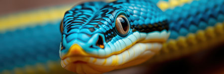 Vibrant blue snake displays intricate patterns and colors while resting in a natural habitatの素材