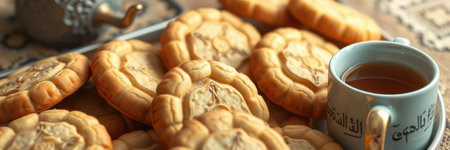 Delicious traditional cookies served with tea on a stylish tray during afternoon gatheringの素材