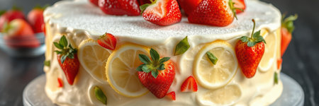 Delicious layered cake topped with fresh strawberries and lemon slices for a festive celebrationの素材