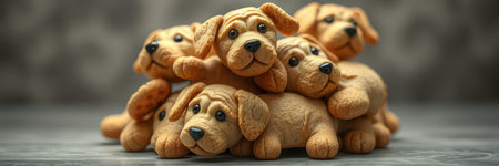 Five playful puppy figurines stacked together showcasing cute expressions and intricate detailsの素材