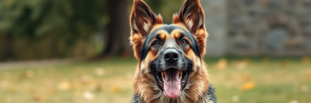 A German Shepherd, with its distinctive coloring, stands in an outdoor settingの素材