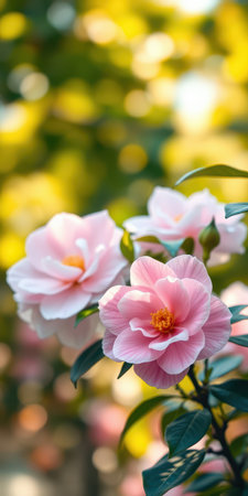 Beautiful pink flowers blooming in a lush garden during a warm sunny dayの素材