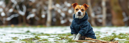 A small, brown and white dog, wearing a dark blue winter coat, sits on a patch of grass partially covered with snowの素材