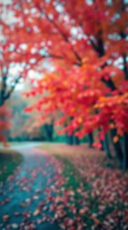 Vibrant autumn leaves create a striking backdrop along a winding path in a tranquil park settingの素材
