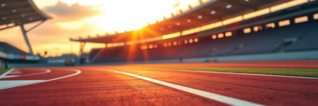 Sunset casts a warm glow on the empty running track at a modern stadium during evening hoursの素材