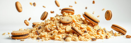 Delicious cookies and crunchy snacks create a fun and playful composition in a vibrant settingの素材