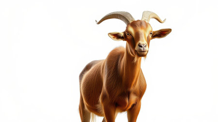 Goat standing confidently against a plain white background, showcasing its features in a simple and striking manner for easy viewingの素材