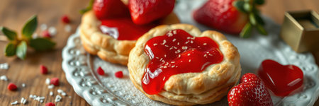 Delicious strawberry pastries topped with bright red jam on a decorative plate surrounded by fresh strawberriesの素材
