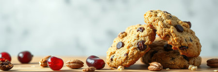 Delicious homemade cookies with chocolate chips and nuts arranged on a wooden tableの素材