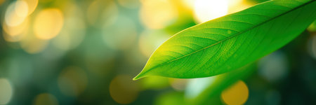 Vibrant green leaf illuminated by sunlight in a lush natural setting during a peaceful morningの素材