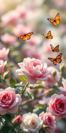 Butterflies fluttering among pink roses in a vibrant garden during a sunny afternoonの素材