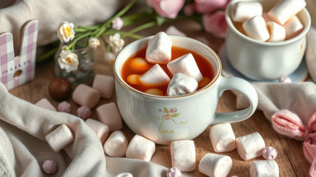 Warm cup of sweet hot chocolate with marshmallows surrounded by delicate pink flowers and decorative elementsの素材
