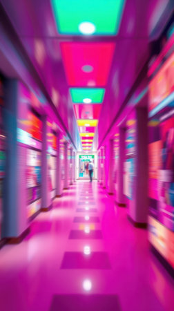 Brightly lit corridor in a vibrant shopping arcade with colorful signage and reflectionsの素材