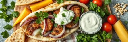 Delicious pita sandwich filled with spiced chicken, fresh vegetables, and yogurt sauce on wooden boardの素材