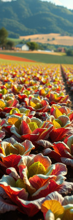 A field of vibrant red, yellow, and white cabbage blooms under the afternoon sunの素材