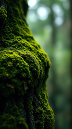 Lush green moss thrives on a tree trunk in a temperate forest during the afternoonの素材