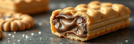 Delicious chocolate-filled wafers are displayed on a dark surface with crumbs scattered aroundの素材