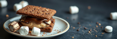 Delicious smores dessert on a plate with toasted marshmallows and chocolateの素材