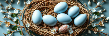 Decorative blue eggs arranged in a natural nest surrounded by delicate flowersの素材