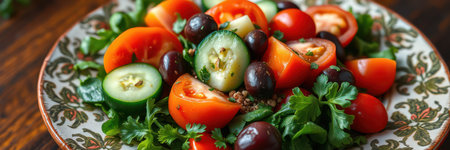 Fresh vegetable salad with tomatoes, cucumbers, and herbs on a decorative plate at a sunny kitchen tableの素材