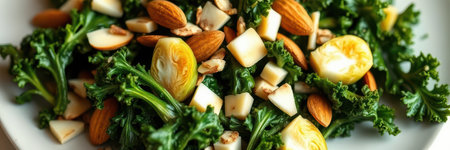 Fresh kale salad with almonds and brussels sprouts prepared in a bright kitchen settingの素材