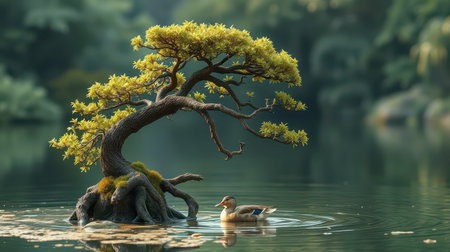 Beautiful bonsai tree by serene water with a duck swimming nearby in a tranquil natural settingの素材