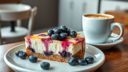 Fresh blueberry cheesecake slice paired with a cup of coffee on a wooden table in a cozy cafeの素材
