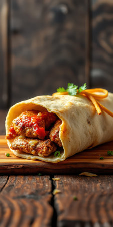 Delicious burrito filled with grilled meat and fresh salsa on a wooden boardの素材
