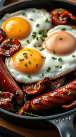 Delicious breakfast with sunny side up eggs and crispy sausage on a skillet served with fresh herbsの素材