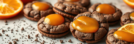 Delicious chocolate cookies with creamy orange filling on a marble surfaceの素材
