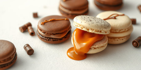 Delicious macarons filled with caramel and chocolate presented on a white surfaceの素材