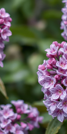 Delicate lilac flowers bloom in a lush garden during spring, showcasing intricate petals and vibrant colorsの素材