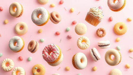 Colorful assortment of pastries and desserts scattered on a pink background for a sweet celebrationの素材