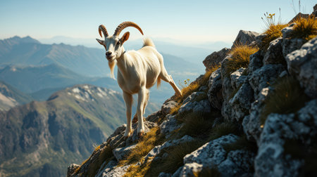 Mountain goat gracefully navigates rocky terrain at sunset in the alpine landscape of the mountainsの素材