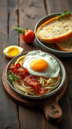 Delicious breakfast plate with spaghetti, fried egg, and crispy bacon on wooden tableの素材