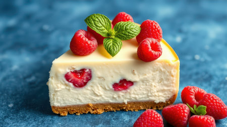 Delicious raspberry cheesecake with fresh berries showcased on a blue backgroundの素材