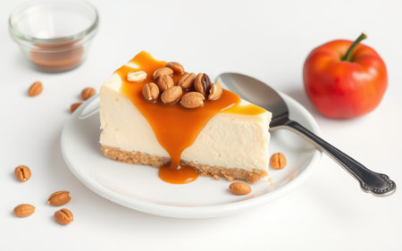 A slice of cheesecake topped with caramel sauce and pecans sits on a white plate with a spoon next to itの素材