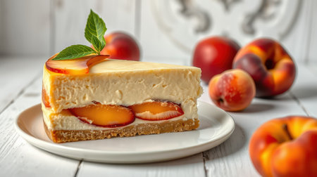 Delicious peach cheesecake slice on a white plate surrounded by fresh peaches and mint leavesの素材