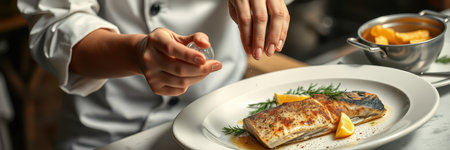 A chef seasons a plate of fish with rosemary and lemonの素材