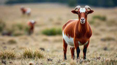 Unique red and white livestock standing on a grassy landscape in the countryside during daytimeの素材