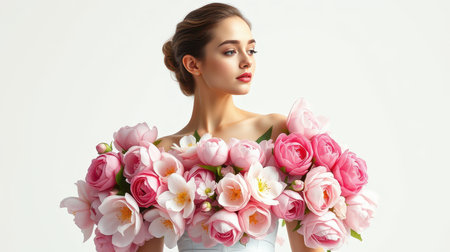 A woman with pink lipstick is wearing a bouquet of pink flowers as a topの素材