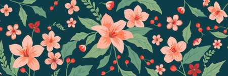 A vibrant floral pattern with pink flowers and green leaves on a dark blue backgroundの素材