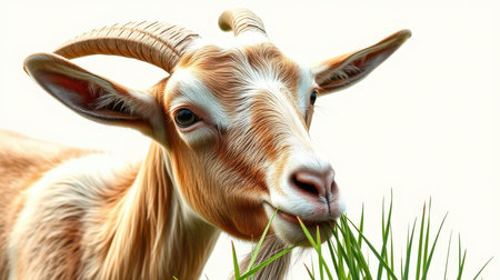 Goat grazing on fresh green grass in a sunny field under clear skies during the afternoon hoursの素材
