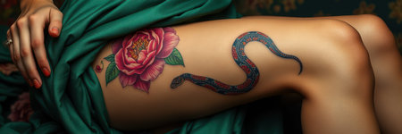 Vibrant floral and snake tattoo design on a thigh adorned in draped green fabricの素材