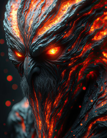 A close-up of a fiery creature with glowing red eyes, a long beard, and a lava-like skin textureの素材