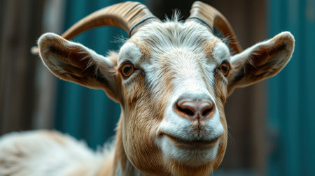 Goat with cheerful expression standing against a colorful wooden background, showcasing its personality and charmの素材
