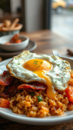 Delicious breakfast plate with fried egg on top of rice, vegetables, and bacon in a cozy cafe settingの素材